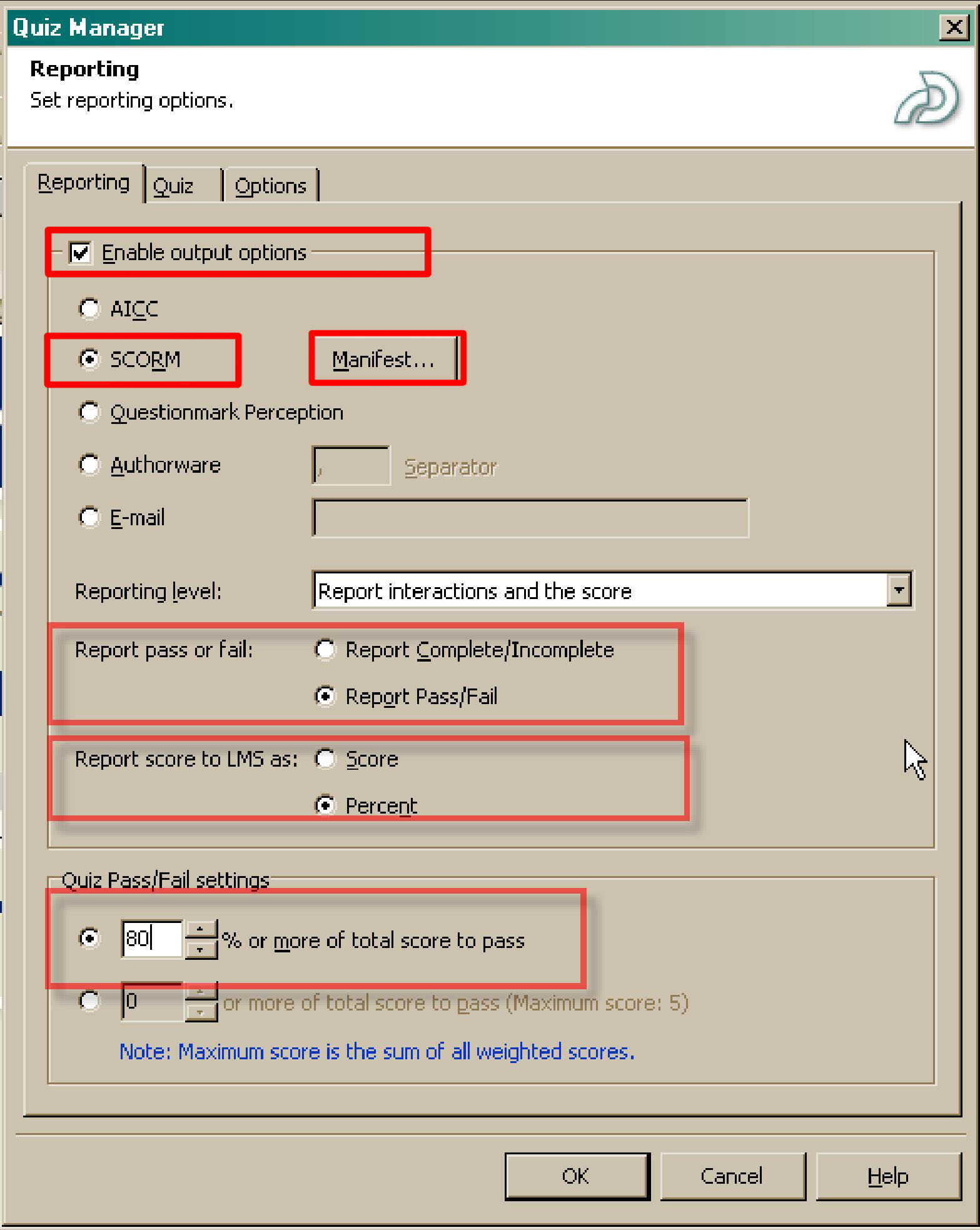 Captivate Quiz Manager reporting settings